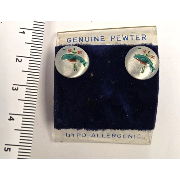 Genuine Pewter Hypo-Allergenic Hand-Painted Bird Design Round Earrings For Sensi - Picture 1 of 2